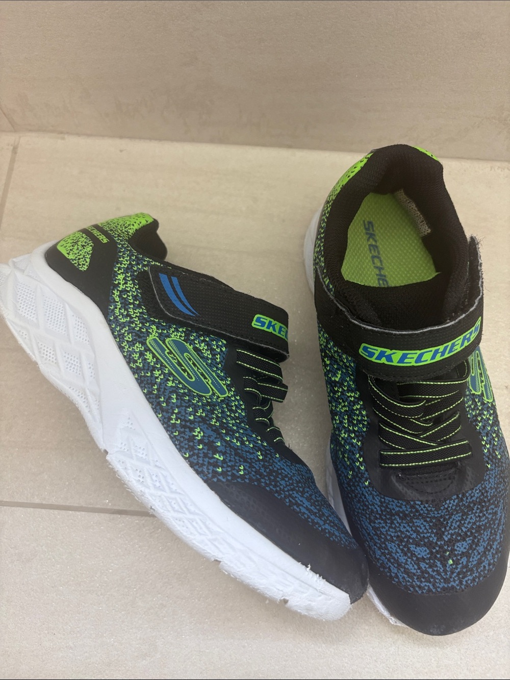 Skechers Kids Blue & Neon Green Knit Slip-On Sneakers